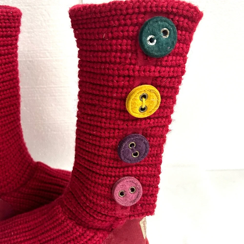 UGG Kids High Red Knit Boots with Multicolor Buttons‎